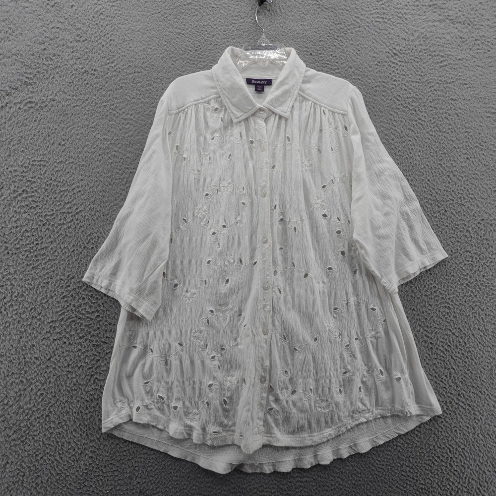 Roamans Embroidered Blouse Tunic Top 18 20 White Womens Cotton Button Down
